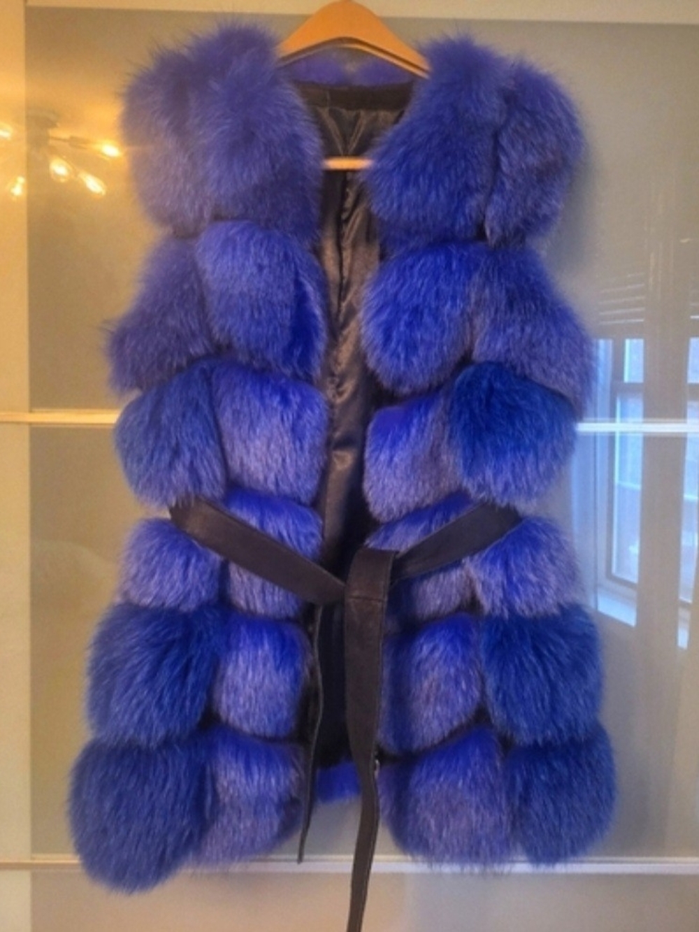 Luxury Women's Blue Faux Fur Vest with Belt
